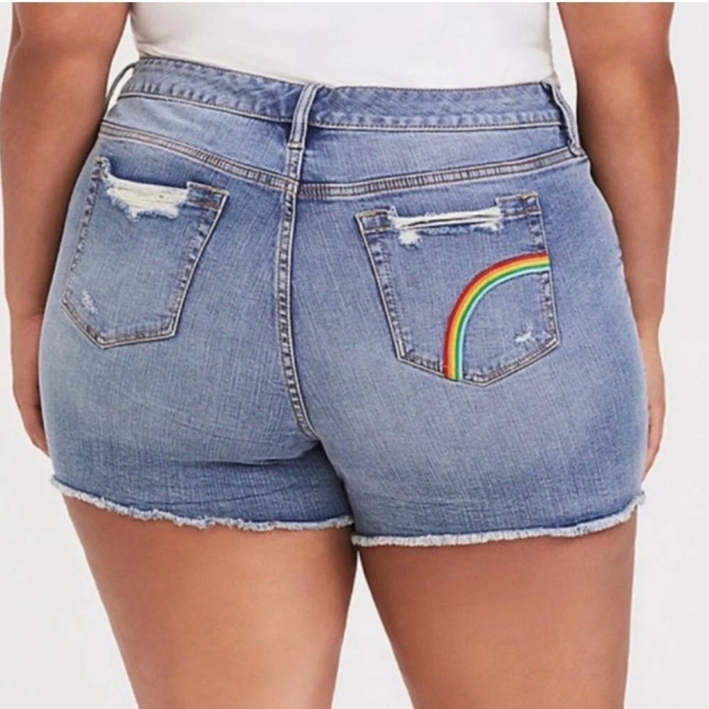 Torrid Midi Jean Short Distressed Denim Embroidered Rainbow Pride Blue 16